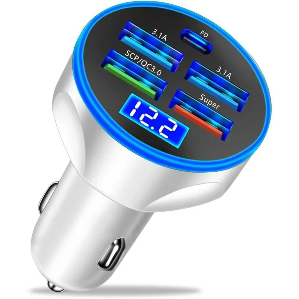 250W Multi Port USB Car Charger LED Voltmeter Fast Charge Type-C White 12V 24V